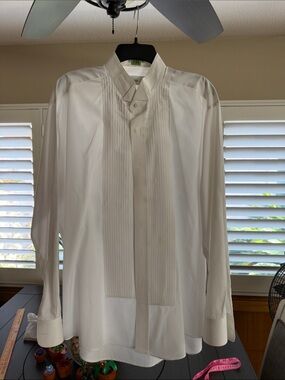 Men's White Pleated-Front Dress Shirt with Stand Collar